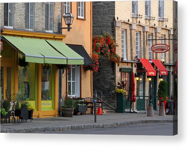 Rue Du Petit Champlain Acrylic Print featuring the photograph Arch of Flowers in old Quebec City by Juergen Roth