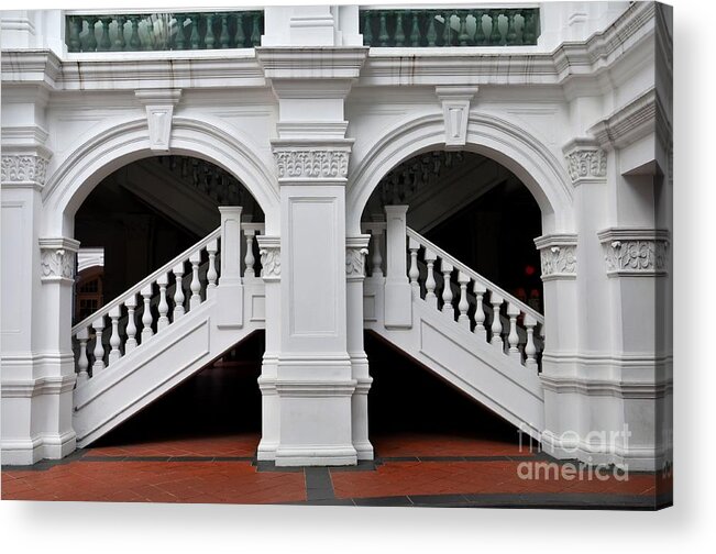 Singapore Acrylic Print featuring the photograph Arch staircase balustrade and columns Raffles Hotel Singapore by Imran Ahmed