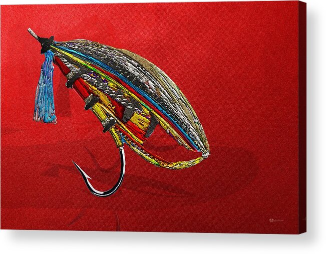 C.7 Fishing Corner Collection Acrylic Print featuring the digital art Atlantic Salmon Dry Fly on Red by Serge Averbukh