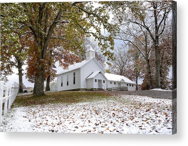 Snow Acrylic Print featuring the photograph Autumn Snow and Country Church by Thomas R Fletcher