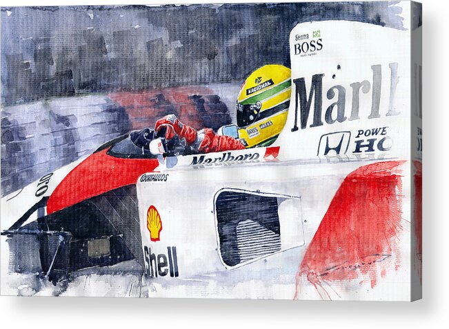 Watercolor Acrylic Print featuring the painting Ayrton Senna McLaren 1991 Hungarian GP by Yuriy Shevchuk