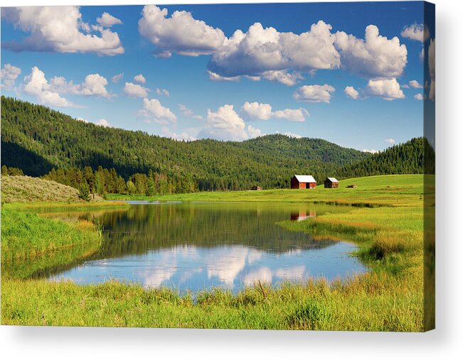 Tranquility Acrylic Print featuring the photograph Barn And Clouds Reflected In Pond by Anna Gorin