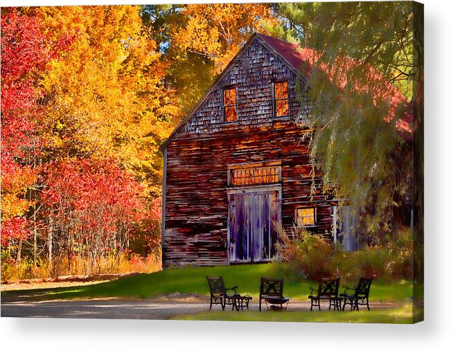 Autumn Foliage New England Acrylic Print featuring the photograph Barn full of fall color by Jeff Folger