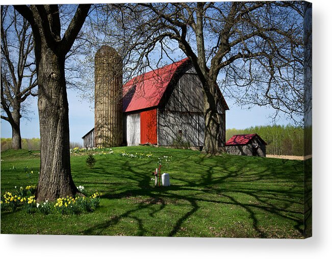 Barn Acrylic Print featuring the photograph Barn with Silo in Springtime by Mary Lee Dereske