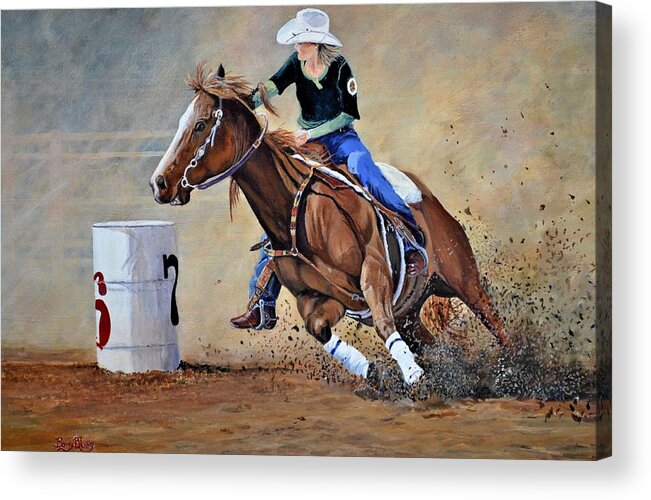 Rodeo Acrylic Print featuring the painting Barrel Racer by Barry BLAKE