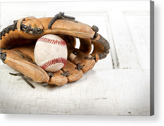 Baseball Acrylic Print featuring the photograph Baseball and mitt by Jennifer Huls