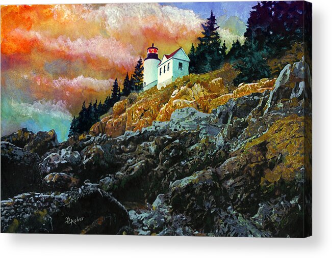 Bass Harbor Acrylic Print featuring the painting Bass Harbor Lighthouse Sunset by Brent Ander