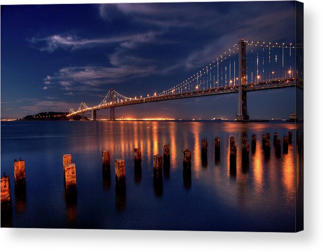 Wooden Post Acrylic Print featuring the photograph Bay Bridge Blue Hour by Photo ©tan Yilmaz