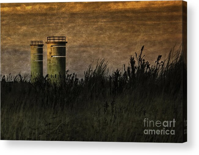 Delaware Photographs Acrylic Print featuring the photograph Beach Guard Towers at Dusk by Gene Bleile Photography 