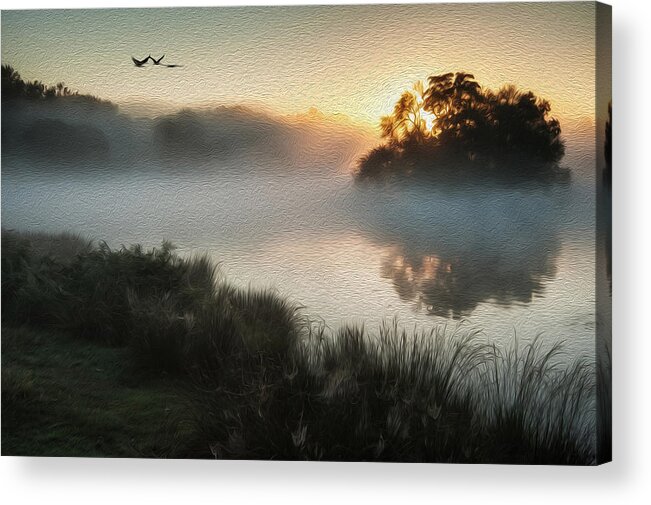 Landscape Acrylic Print featuring the photograph Beautiful Autumnal landscape image of birds flying over misty lake digital painting by Matthew Gibson