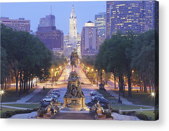 Downtown District Acrylic Print featuring the photograph Benjamin Franklin Parkway - Philadelphia Skyline by S. Greg Panosian