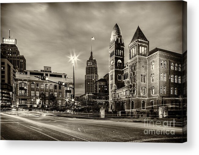 San Acrylic Print featuring the photograph Bexar County Courthouse and Tower Life Building Main Plaza in BW Monochrome - San Antonio Texas by Silvio Ligutti