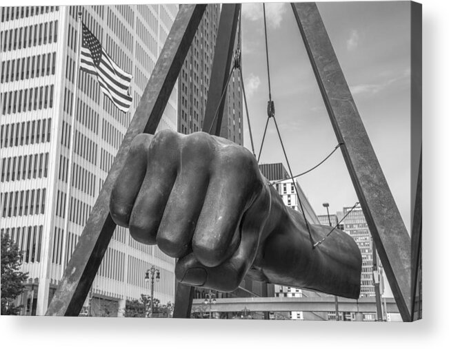 Detroit Acrylic Print featuring the photograph Black and White Joe Louis Fist and Flag by John McGraw