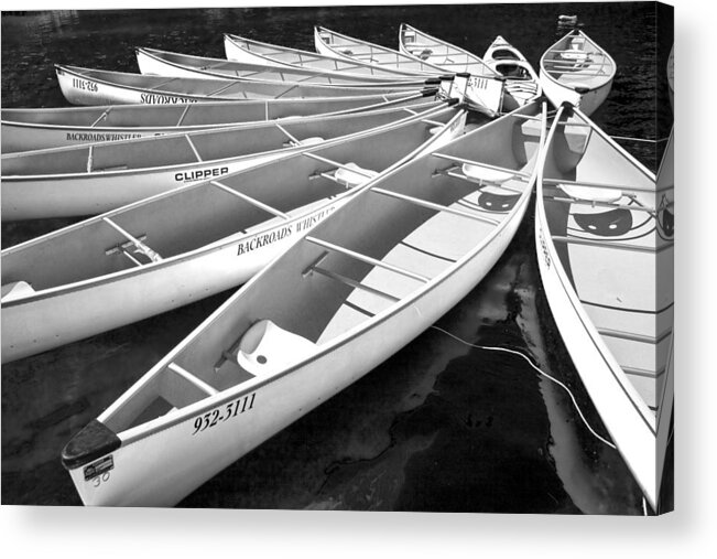 Black And White Acrylic Print featuring the photograph Black and White Photograph of a group of canoes tethered together in a circle by Randall Nyhof
