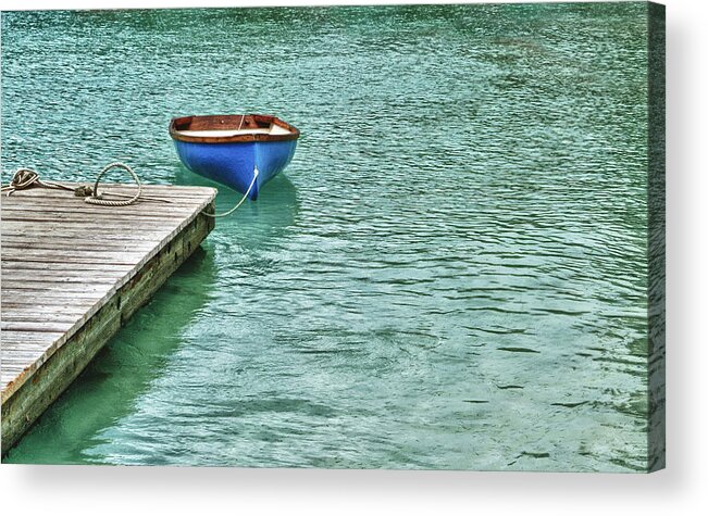 Blue Acrylic Print featuring the digital art Blue Boat Off Dock by Michael Thomas