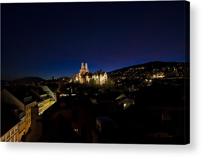 Chateau De Neuchatel Acrylic Print featuring the photograph Blue hour of the Chateau and Collegiale of Neuchatel Switzerland by Charles Lupica