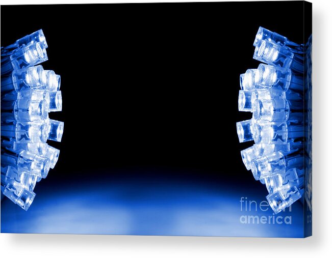 Glowing Acrylic Print featuring the photograph Blue LED lights both sides of the image with space for text by Simon Bratt