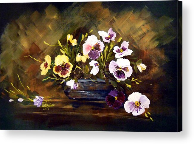 Blue Vase With Pansies Acrylic Print featuring the painting Blue Vase with Pansies by Dorothy Maier