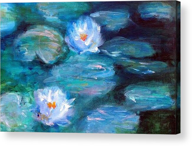 Blue Acrylic Print featuring the painting Blue Water Lilies by Lauren Heller