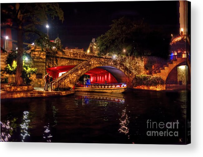 Boat Acrylic Print featuring the photograph Boat on canal Riverwalk San Antonio at night by Dan Friend