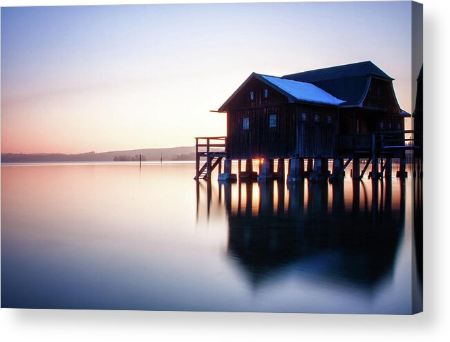 Scenics Acrylic Print featuring the photograph Boathouse In The Blue by Bettina Lichtenberg