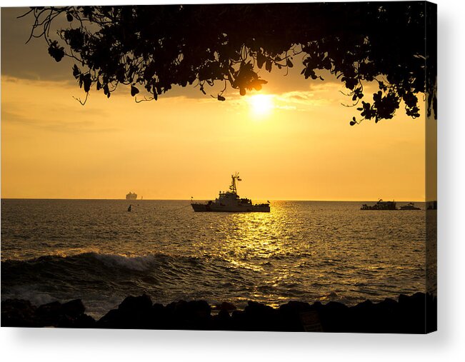 Boat Acrylic Print featuring the photograph Boats under the Hawaiian Sunset by Bryant Coffey