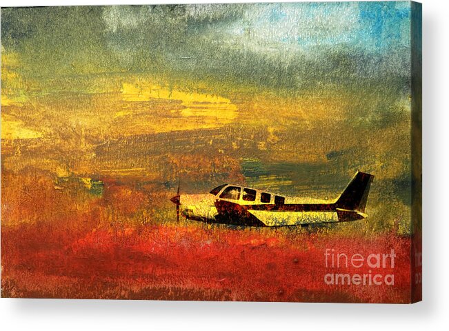 Aircraft Bonanza Model Tail Engine Rudder Flight Aviation Airplane Wing Elevator Sky Retractable Pilot Low Civil Beechcraft Watercolor Vfr Travel Transportation Transport Technology Style Streamlined Red Propeller Private Plane Piston Opposed Navigation Mvfr Monoplane Metal Magnesium Kyllo Ifr Horizon Fuselage Flaps Distinctive Daring Cruise Conventional Artwork Ar American Ailerons Composite Photo Photograph Painting Acrylic Print featuring the painting Bonanza by R Kyllo