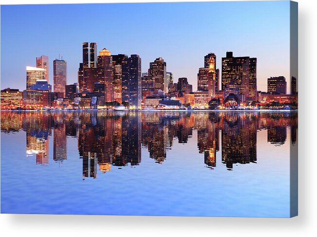 Water's Edge Acrylic Print featuring the photograph Boston City With Water Reflection At by Buzbuzzer