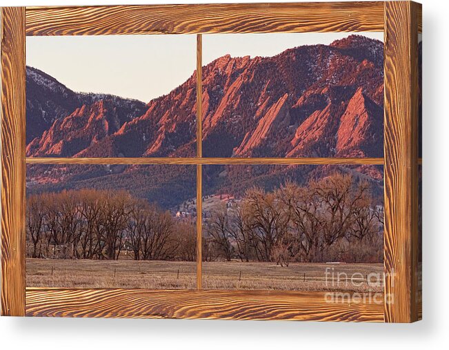 Windows Acrylic Print featuring the photograph Boulder Flatirons Morning Barn Wood Picture Window Frame View by James BO Insogna
