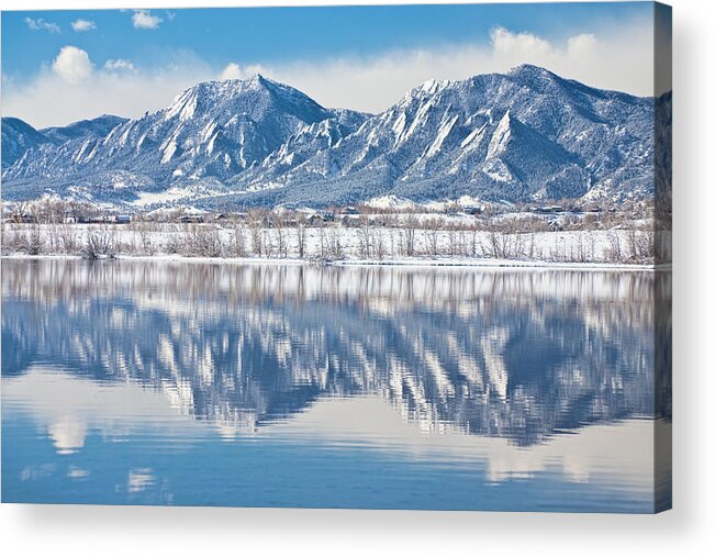 Winter Acrylic Print featuring the photograph Boulder Reservoir Flatirons Reflections Boulder Colorado by James BO Insogna