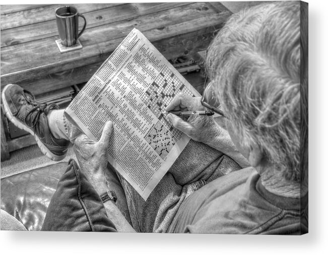 Sunday Crossword Puzzle Acrylic Print featuring the photograph Mind Games - Sunday Crossword Puzzle - Black and White by Jason Politte