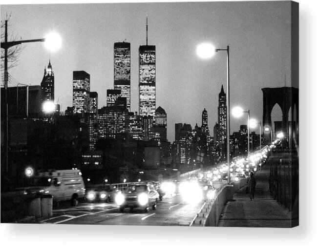1980s Acrylic Print featuring the photograph Brooklyn Bridge traffic II dusk 1980s by Gary Eason