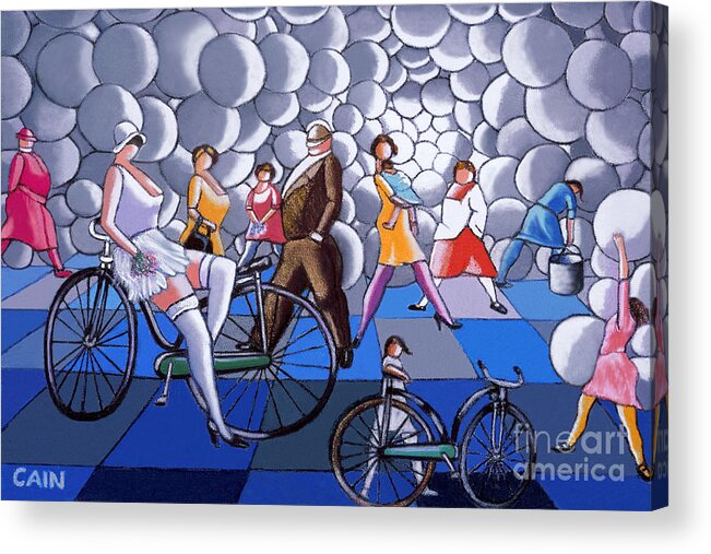 Bubble Sky Acrylic Print featuring the painting Bubbles And Bikes by William Cain