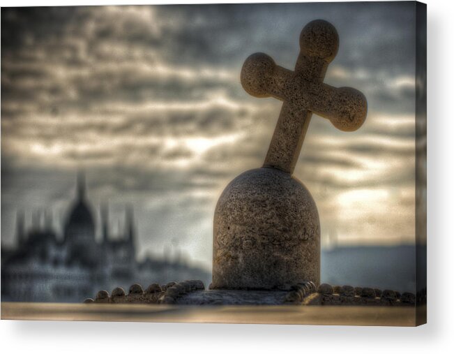 Travel; Landmark; Architecture; Hungary; Famous; Building; Scene; Budapest; City; Night; Hungarian; Cityscape; Capital; Monument; Europe; Danube;culture; Town; Urban; National; Palace; Buda; Dark; Sky; European; ; River; Bridge; Structure; International Acrylic Print featuring the digital art Buda cross by Nathan Wright