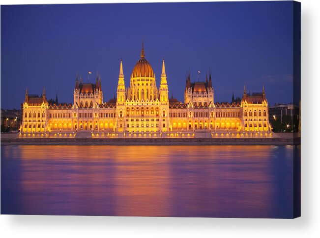 Architecture Budapest Building Capital City Cityscape Danube Dark Dome Duna Europe Evening Famous Flag Flowing Government House Hungarian Hungary Landmark Landscape Light National Night Old Panorama Parliament Pest Place Reflection River Riverside Scene Sight Sightseeing Sky State Tour Tourism Tourist Town Travel Urban View Water Acrylic Print featuring the photograph Budapest Parliament at night by Ioan Panaite