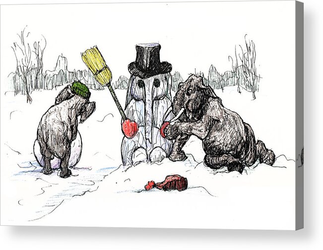 Pen And Ink Acrylic Print featuring the painting Building a Snow Elephant by Donna Tucker