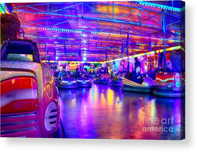 Oktoberfest Munich Bavaria Muenchen Bayern Vintage Nostalgic Sabine Jacobs Fun Fair Attractions Rides Germany Europe European Beer Festival Biggest Bavarian Octoberfest Autumn Fall Fairground Party Sights Famous Colors Strong Hdr Modern Bumper Cars Neon Autotrom Acrylic Print featuring the photograph Bumper Cars at the Octoberfest in Munich by Sabine Jacobs