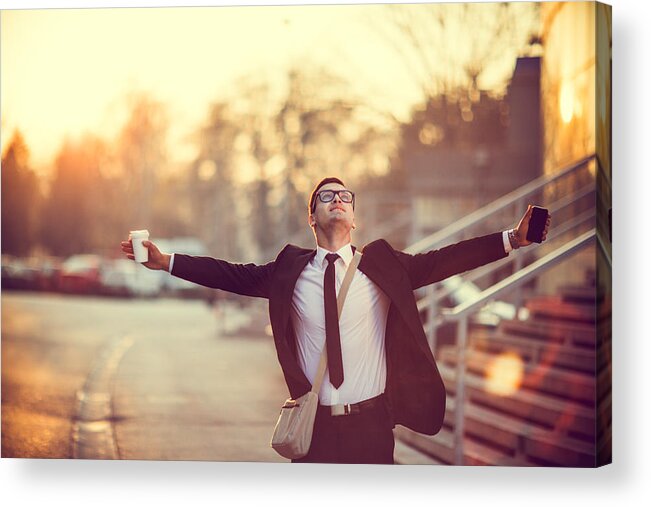 Expertise Acrylic Print featuring the photograph Businessman smiling with arms outstretched by Eclipse_images