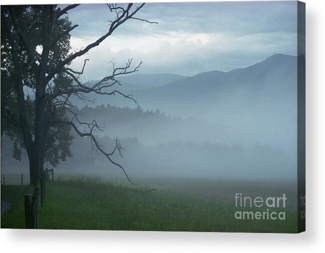 Green Acrylic Print featuring the photograph Cades Cove Fog Sunrise by Teri Atkins Brown