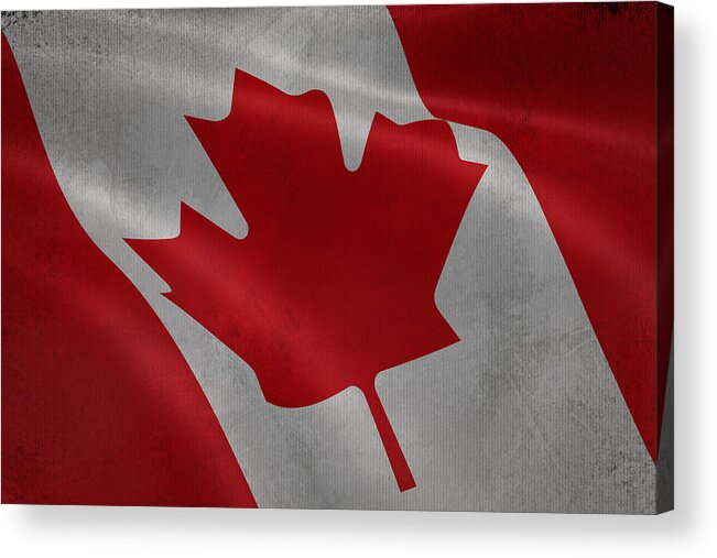 Textile Acrylic Print featuring the digital art Canadian flag waving aged canvas by Eti Reid