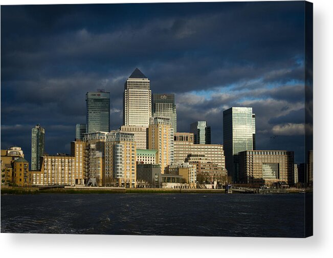 Canada Tower Acrylic Print featuring the photograph Canary Wharf sunlit from the Thames by Gary Eason