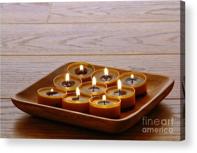 Candle Acrylic Print featuring the photograph Candles in Wood Tray by Olivier Le Queinec