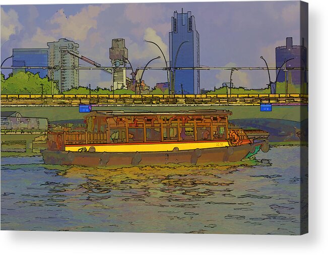 Action Acrylic Print featuring the digital art Cartoon - Colorful river cruise boat in Singapore next to a bridge by Ashish Agarwal