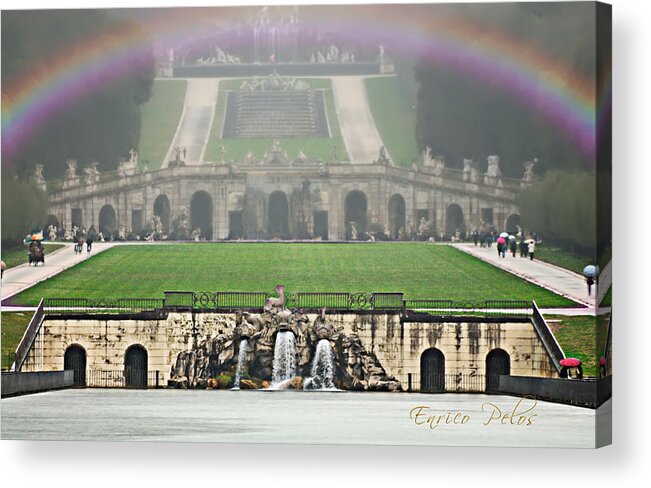 Pompei Acrylic Print featuring the photograph Caserta royal palace garden and fountains under the rain by Enrico Pelos