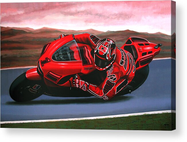 Casey Stoner On Ducati Acrylic Print featuring the painting Casey Stoner on Ducati by Paul Meijering
