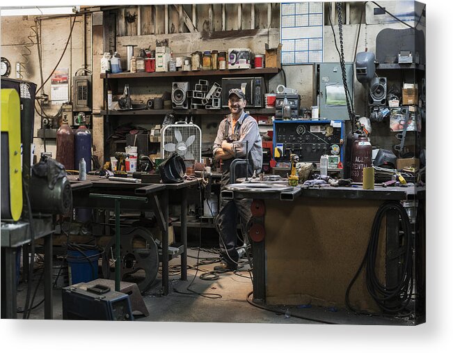 Tacoma Acrylic Print featuring the photograph Caucasian worker smiling in factory by Jetta Productions Inc