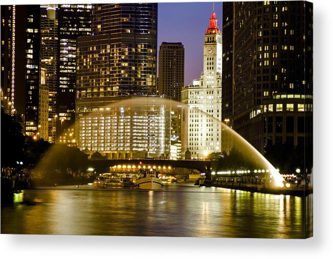 Chicago River Acrylic Print featuring the Centennial fountain over Chicago RIver at dusk by Sven Brogren