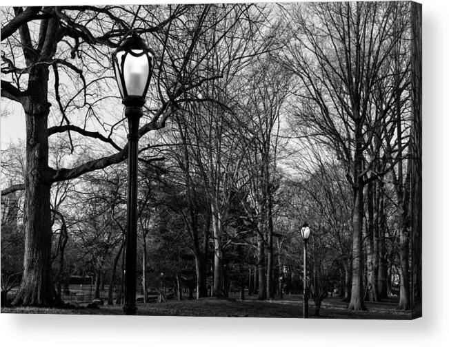 Black And White Acrylic Print featuring the photograph Central Park streetlamps in black and white 2 by Marianne Campolongo