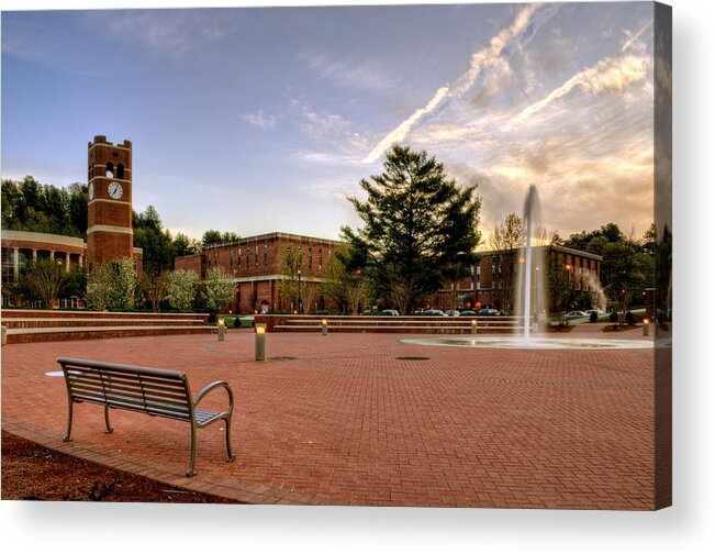 Wcu Acrylic Print featuring the photograph Central Plaza Bench at WCU by Greg and Chrystal Mimbs