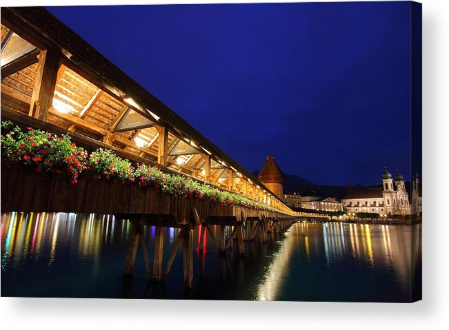 Chapel Acrylic Print featuring the photograph Chapel Bridge at Lucerne in Switzerland by Jetson Nguyen